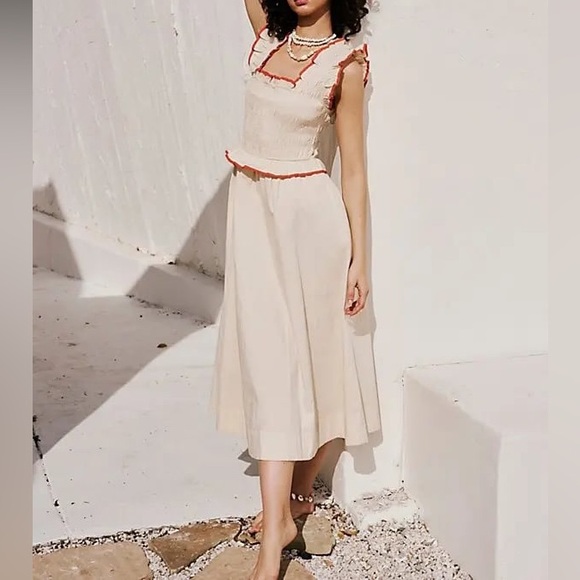 Free People Dresses & Skirts - Free People Cream Midi Dress with Red Trim